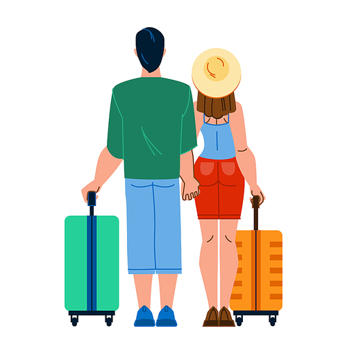 couple airport vector. travel man woman, vacation suitcase, flight journey, happy tourist, airplane luggage couple airport character. people flat cartoon illustration