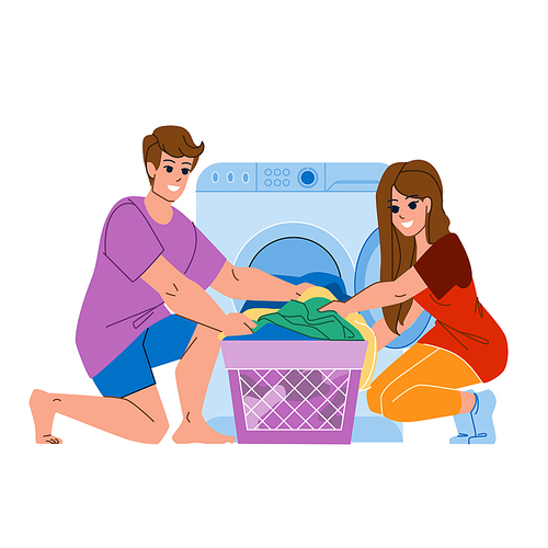 couple doing laundry vector. woman clothes, man family, people home, machine house, lifestyle washing couple doing laundry character. people flat cartoon illustration