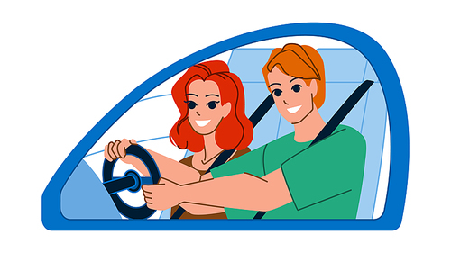 couple driving vector. car summer, road travel, happy vacation, trip woman man, young journey vehicle couple driving character. people flat cartoon illustration