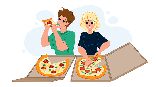 couple eating pizza vector. food fun home, happy eating, man young, eat girl, woman dinner italian couple eating pizza character. people flat cartoon illustration