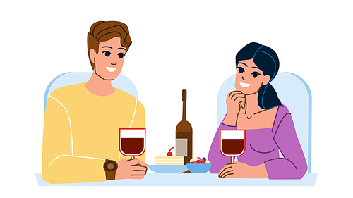 couple eating restaurant vector. young people, food man, cafe woman, drink happy meal eating, beautiful dating couple eating restaurant character. flat cartoon illustration