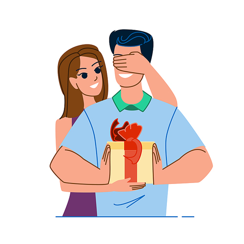 couple gift vector. woman present, young love, happy girlfriend, man boyfriend, holiday anniversary couple gift character. people flat cartoon illustration