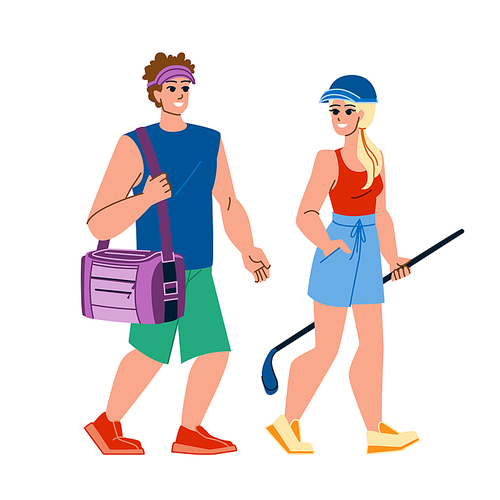 couple golf vector. sport woman, man leisure, lifestyle golfer, outdoor, course, happy green hobby couple golf character. people flat cartoon illustration