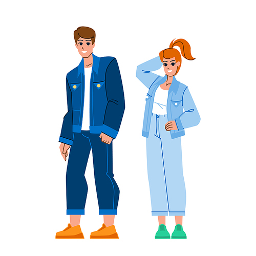 couple jeans vector. fashion woman, man young, love girl, boyfriend girlfriend, happy family portrait couple jeans character. people flat cartoon illustration