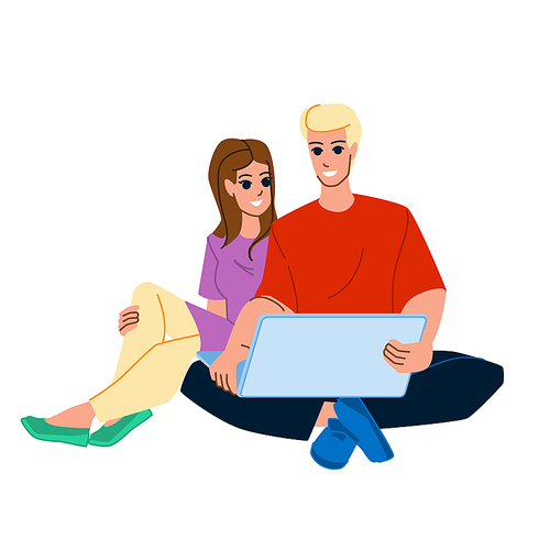 couple using computer vector. happy home woman, man sofa, technology computer, internet young couple using computer character. people flat cartoon illustration