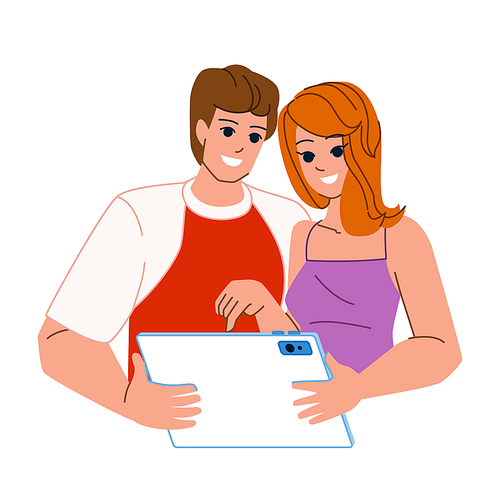 couple using tablet vector. home man woman, happy internet, people technology, lifestyle using, love digita couple using tablet character. people flat cartoon illustration