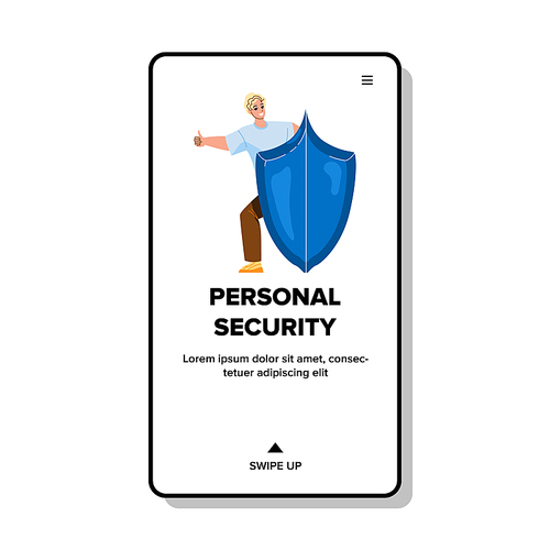 Personal Security Service Using Young Man Vector. Personal Security System For Protect Property Information In Cyberspace. Character Boy Standing Near Protect Shield Web Flat Cartoon Illustration