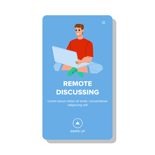 Online Remote Discussing Man With Colleague Vector. Young Boy Remote Discussing With Friend Or Employee, Video Calling And Conference Meeting. Character Communication Web Flat Cartoon Illustration