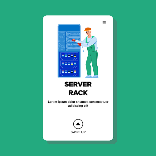 Server Rack Expertise Make Maintenance Man Vector. Computing Server Rack Checking And Repairing Service Worker. Character Fix Equipment Electronic Trouble Web Flat Cartoon Illustration