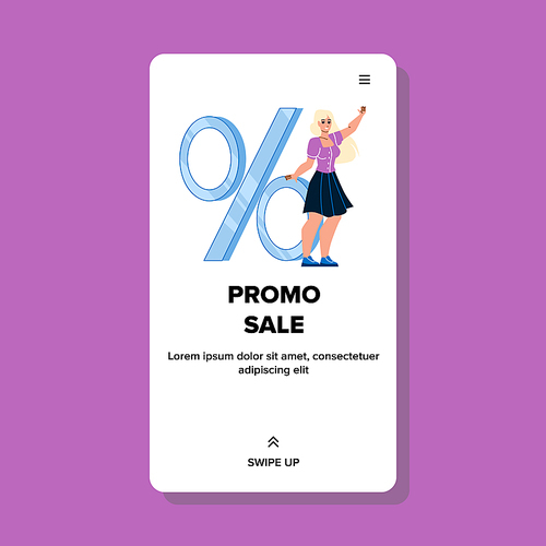 Promo Sale Seasonal Price Discount Of Store Vector. Young Woman Customer Buying Goods And Clothes In Season Promo Sale. Character Girl Standing Near Percent Mark Web Flat Cartoon Illustration