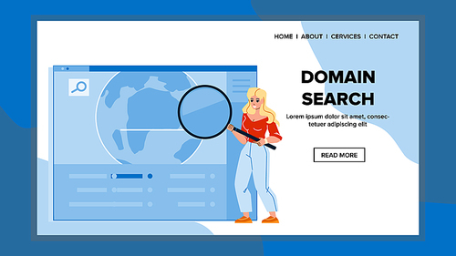 Domain Search Young Woman In Internet Space Vector. Girl With Magnifying Glass Address Domain Search. Character Lady Searching Social Media Website Or Blog Web Flat Cartoon Illustration