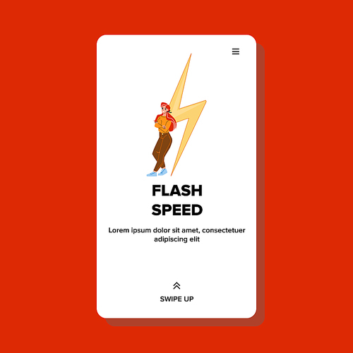 Flash Speed Internet Using Young Woman Vector. Download Application Or Media File With Flash Speed In Mobile Phone Or Computer. Character Girl Standing Near Lightning Web Flat Cartoon Illustration