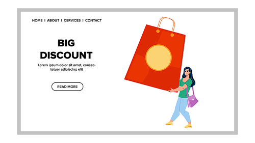 Big Discount Store Special Offer For Client Vector. Seasonal Or Holiday Big Discount, Man Customer With Bag Buying Shop Goods With Low Price. Character Shopaholic Web Flat Cartoon Illustration