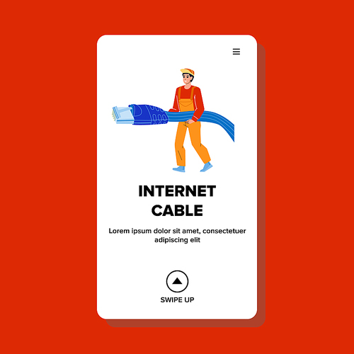 Internet Cable Installation Provider Worker Vector. Maintenance Service Employee Connecting Internet Cable For Global Network. Character Networking Connection Accessory Web Flat Cartoon Illustration
