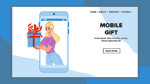 Mobile Gift Woman Sending In Messenger Vector. Young Gir Holding Present Box Decorated Ribbon And Bow In Smartphone Screen, Getting Mobile Gift. Character Web Flat Cartoon Illustration