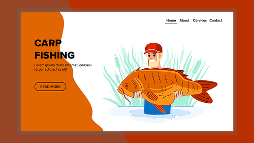 carp fishing vector. lake gear angler, fisherman summer adventure carp fishing character. people flat cartoon illustration