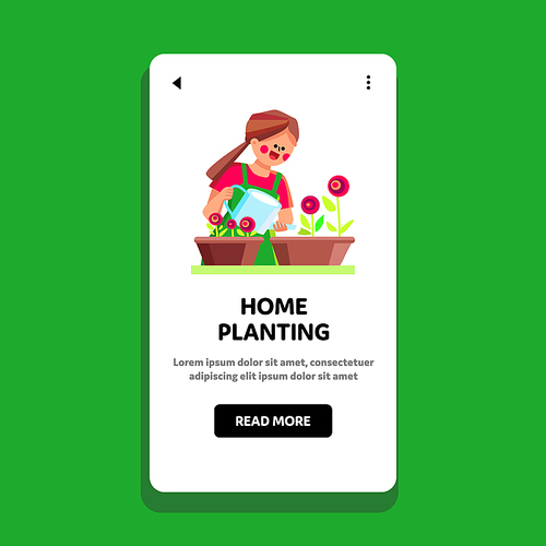 Girl Home Planting And Watering Flowers Vector. Young Woman Home Planting And Care Nature Aromatic Plant. Character Lady House Gardening Active Occupation Web Flat Cartoon Illustration