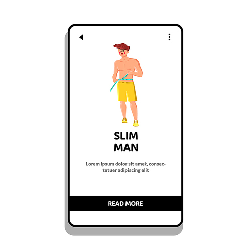 Slim Man Sportsman Measuring Waistline Vector. Slim Man Measure Athletic Body With Centimeter After Diet Or Gymnastic Training. Character Boy Healthy Lifestyle Web Flat Cartoon Illustration