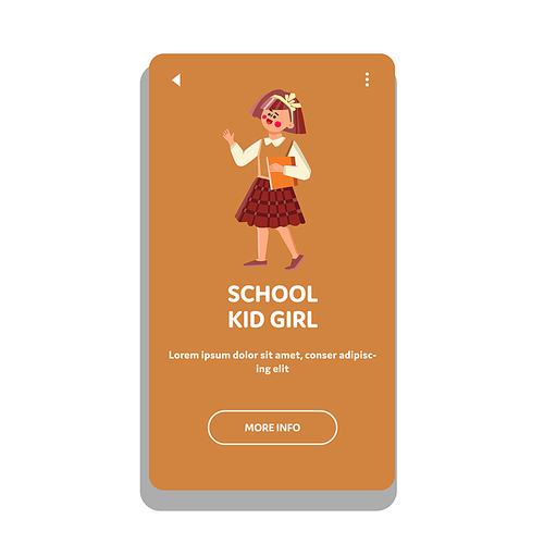 Schoolgirl Walking With Book At School Vector. Happy Smiling School Kid Girl Going With Educational Literature To Lesson. Character Child Pupil Go To Lecture Web Flat Cartoon Illustration