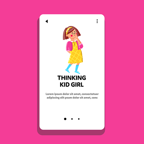 Thinking Kid Girl Search Answer At Question Vector. Thinking Kid Girl Searching Direction For Resolve Problem. Thoughtful Character Lady Brain Activity Web Flat Cartoon Illustration