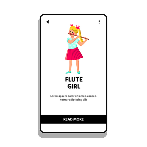 Flute child girl play music. Little talent. Young kid girl with flute training instrument show. Flautist playing tune. Vector web Flat Cartoon Illustration