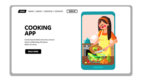 food cooking mobile app. chef online recipe. cooking .. culinary virtual technology. diet grocery cook. vector web flat cartoon illustration