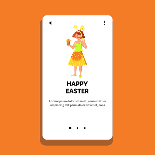 happy easter woman. spring holiday. woman with rabbit ear and cake. cute home girl. tradition greeting decor. vector web Flat Cartoon Illustration