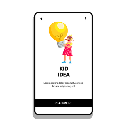 kid idea vector. child girl, school student, smart lightbulb kid idea web flat cartoon illustration