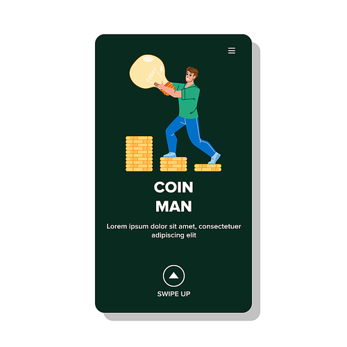 Money Coin Man Collecting And Investment Vector. Coin Man Collect On Bank Account For Business Idea And Startup. Character Boy Economy Finance Occupation Web Flat Cartoon Illustration