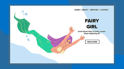 Fairy Girl Mermaid Swimming Underwater Vector. Attractive Fairy Girl Swim In Ocean Or Sea. Fantastic Character Marine Mystical Fairytale Woman With Fish Tail Web Flat Cartoon Illustration