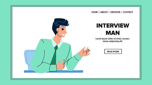 Interview Man Employee With Director Ceo Vector. Conversation And Interview Man Has With Hr Recruiter In Office Meeting Room. Character Businessman Communication Web Flat Cartoon Illustration