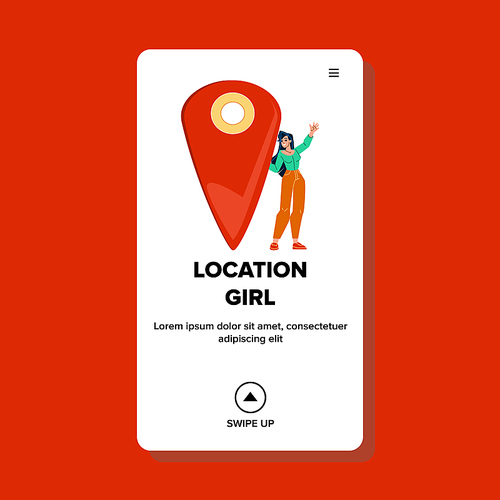 Gps Location Girl Share In Internet Online Vector. Geography Location Girl Sharing In Social Media And Pointing Locate On Digital Map. Character Traveler Web Flat Cartoon Illustration