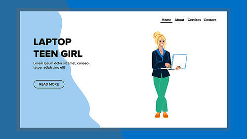 Laptop Teen Girl Using For Work In Internet Vector. Laptop Teen Girl Use For Preparing Exam And Pass Test Or Remote Working. Character Teenager Lady With Digital Computer Web Flat Cartoon Illustration