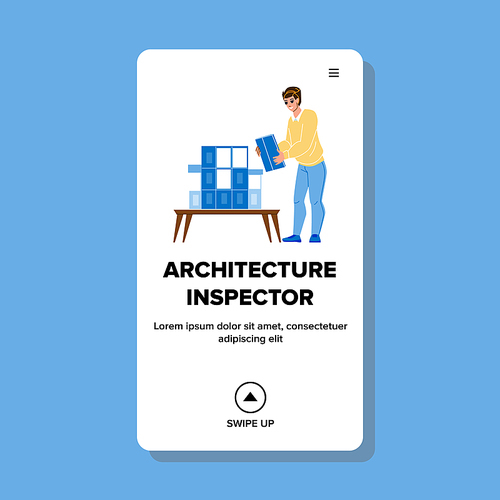 Architecture inspector home building. engineer check. construction inspection. property worker character web flat cartoon illustration