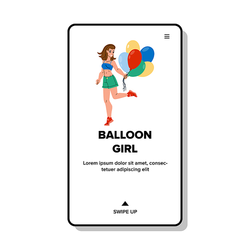 Air Balloon Holding Happy Girl On Holiday Vector. Helium Multicolor Balloon Hold Young Lady With Positive Emotion On Celebrative Party. Character With Festival Decoration Web Flat Cartoon Illustration