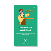 Man Carpenter Working With Wood On Workshop Vector. Young Guy Carpenter Working And Crafting Wooden Chair At Workplace. Character Worker Carpentry Occupation Web Flat Cartoon Illustration
