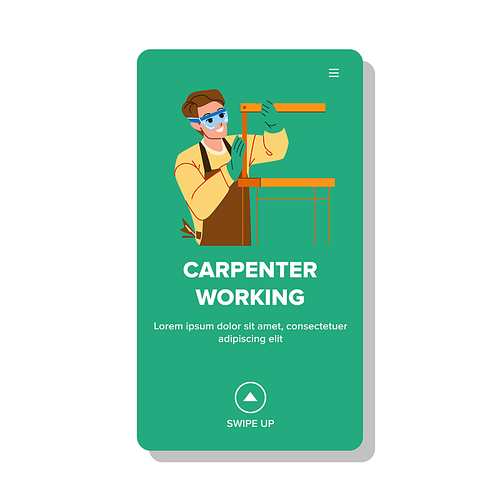 Man Carpenter Working With Wood On Workshop Vector. Young Guy Carpenter Working And Crafting Wooden Chair At Workplace. Character Worker Carpentry Occupation Web Flat Cartoon Illustration
