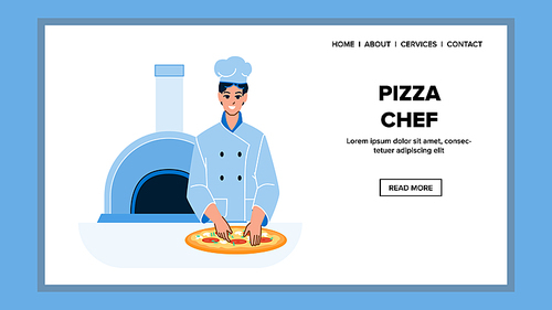 Pizza Chef Man Preparing Delicious Dish Vector. Pizza Chef Cooking Tasty Meal On Restaurant Kitchen. Character Cooker In Uniform Prepare Fresh Italian Food Flat Cartoon Illustration
