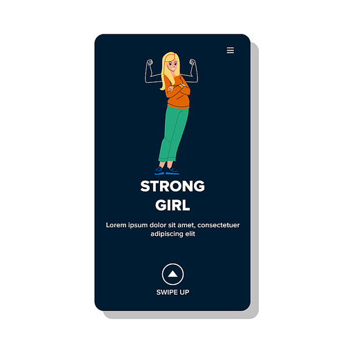 Strong Woman Dreaming And Showing Muscles Vector. Strong Woman Imagination And Successful Achievement. Character Young Businesswoman Motivation And Strength Web Flat Cartoon Illustration