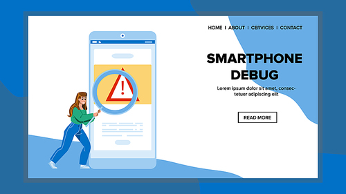 Smartphone Debug Researching Girl Developer Vector. Young Woman With Magnifier Smartphone Debug Research On Phone Screen And Fixing. Character Fix Gadget Problem Bug Web Flat Cartoon Illustration