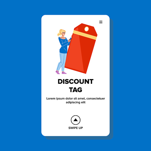 Store Discount Tag With Special Sale Price Vector. Season Selling Discount Tag Holding Young Woman Shop Seller. Character Commercial Offer For Customer Web Flat Cartoon Illustration