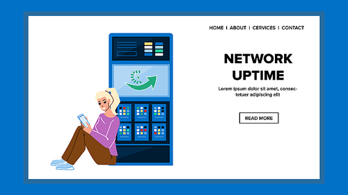 Network Uptime Of Server Digital Technology Vector. Network Uptime Of Computing Equipment, Young Girl Connect Internet And Searching Information Online. Character Web Flat Cartoon Illustration