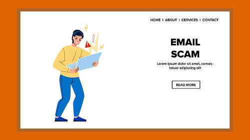 Email scam fraud. phishing alert. cyber laptop attack. computer crime character web flat cartoon illustration