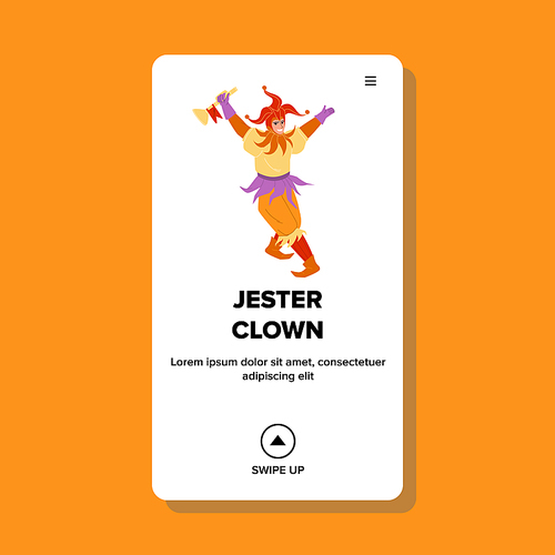 Jester Clown In Funny Carnival Costume Vector. Medieval Jester Wearing Festival Suit And Hat Holding Musical Trumpet. Historic Period Comedian Character Man Harlequin Web Flat Cartoon Illustration
