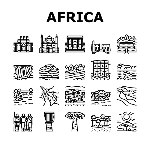 Africa Continent Nation Treasure Icons Set Vector. Drum Africa Traditional Musician Instrument And Serengeti National Park, Suleiman Pasha Mosque And Bandiagara Town Black Contour Illustrations