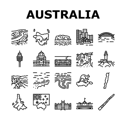 Australia Continent Landscape Icons Set Vector. Australia Flag And Didgeridoo National Musician Instrument, Tasmania And Kangaroo Animal, Fraser And Whitsunday Island Black Contour Illustrations