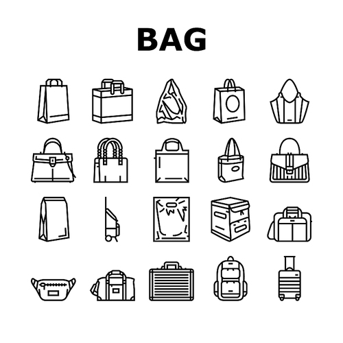 Bag For Carry Products And Goods Icons Set Vector. Fashion Handle Bag And Cart, Paper Package And Plastic Pouch, Business Case And Luggage Or Baggage, Delivery Box Rucksack Black Contour Illustrations