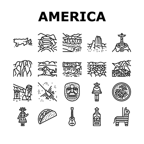 South America Scape And Tradition Icons Set Vector. South America Antique Mask And Guitar, Tequila Alcoholic Drink Ad Taco Food, Machu Picchu Iguazu Falls, Desert And Lake Black Contour Illustrations