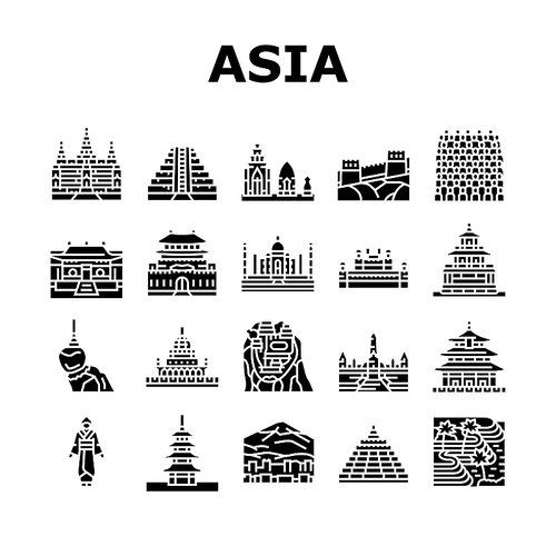 asia building and land scape icons set vector. asia shaolin monastery pagoda, borobudur putrajaya historical building, tegallang . terraces temple of heaven glyph pictograms black illustrations