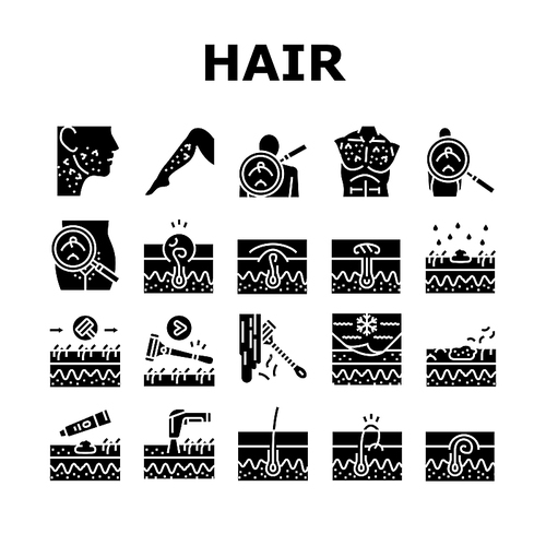 Ingrown Hair Problem Treatment Icons Set Vector. Ingrown Hair Shaving Depilation With Laser Electronic Device, Researching Treat With Healthy Cream Or Epilation Glyph Pictograms Black Illustrations